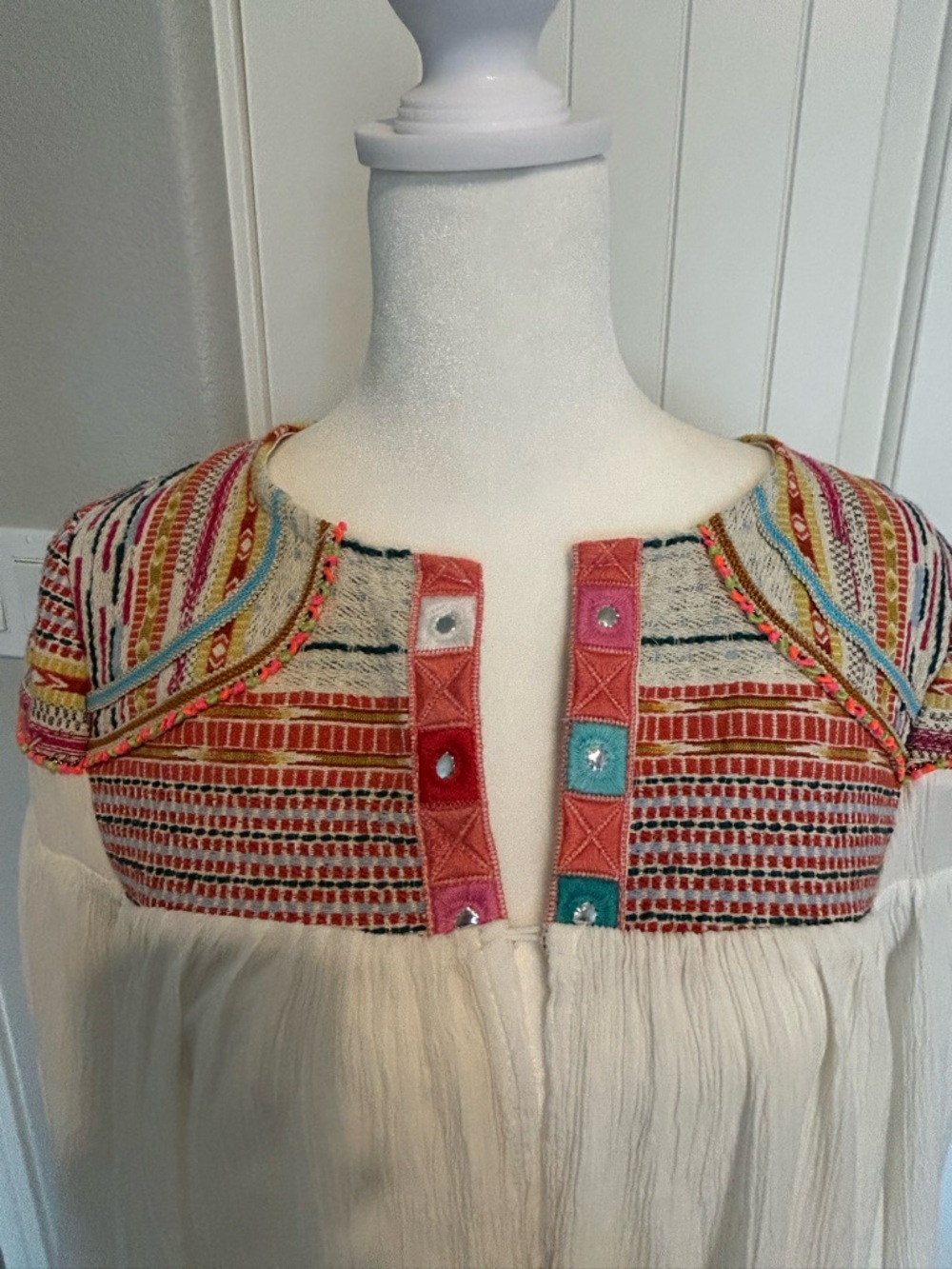 Tantrums Ivory Peasant Top with Multicolor Embroidered Yoke
